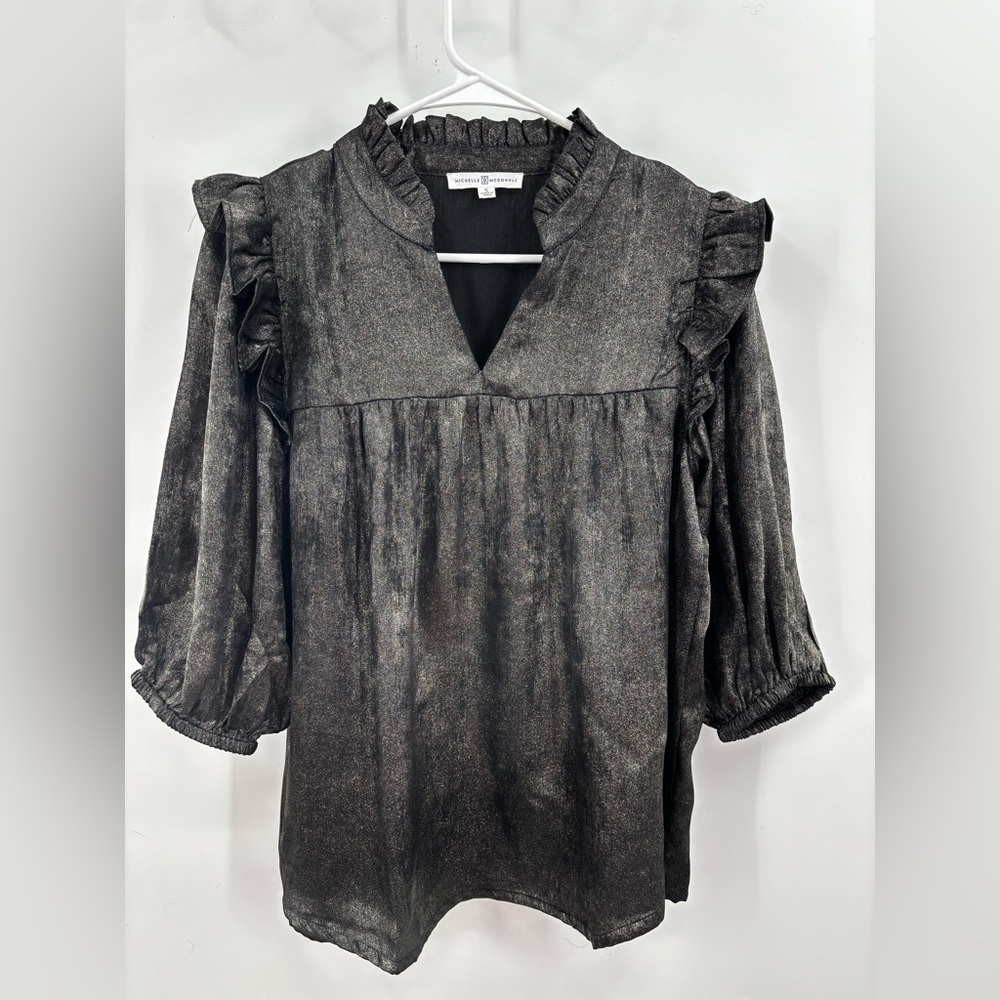 Elegant metallic black Ruffle Blouse